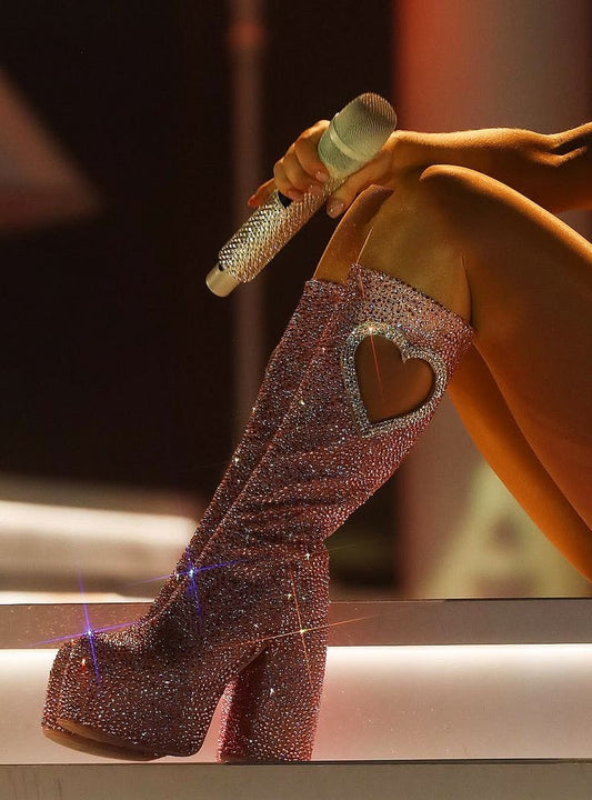 Crystal Studded Heart Cutout Chunky Platform Boots