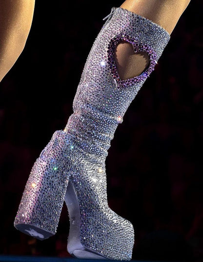 Crystal Studded Heart Cutout Chunky Platform Boots