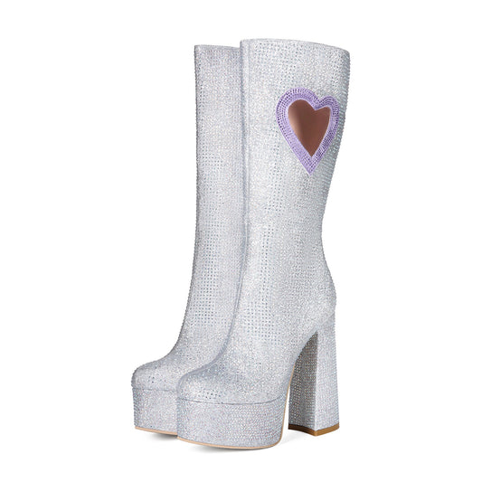 Crystal Studded Heart Cutout Chunky Platform Boots