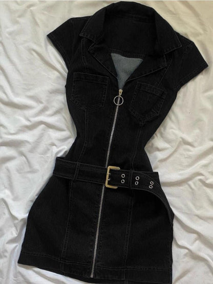 Denim Belted Front Zip Mini Dress