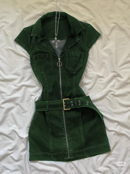 Denim Belted Front Zip Mini Dress