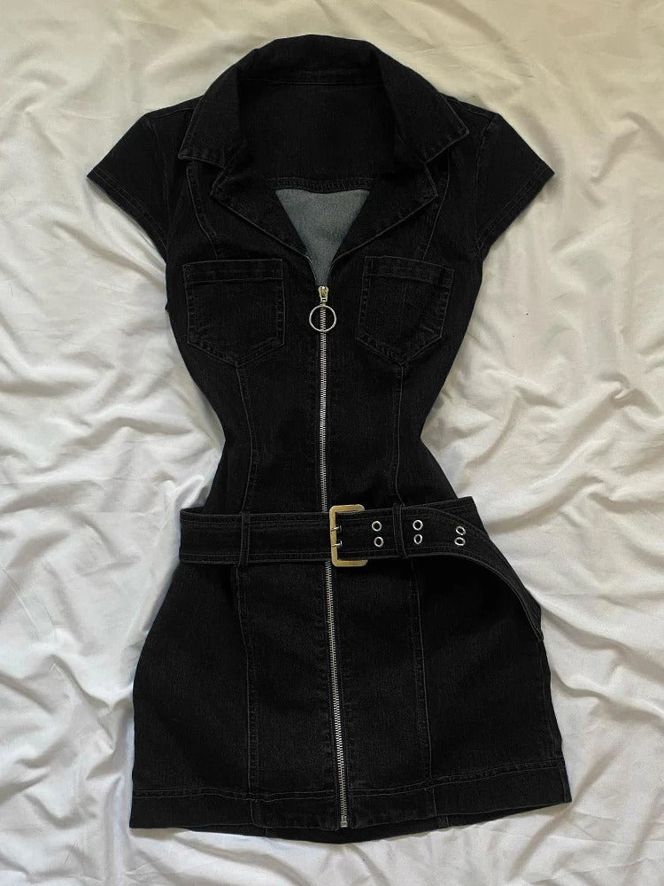Denim Belted Front Zip Mini Dress