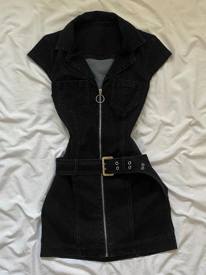 Denim Belted Front Zip Mini Dress