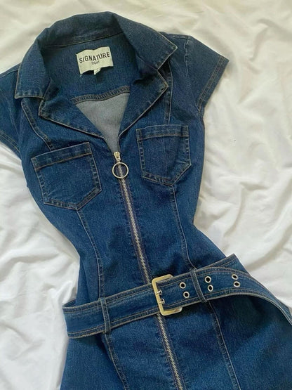Denim Belted Front Zip Mini Dress
