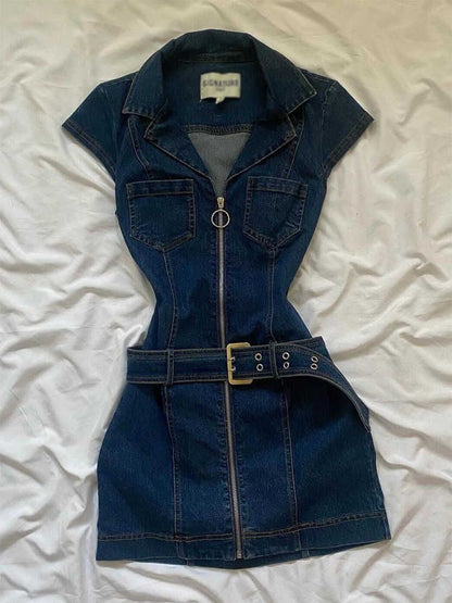 Denim Belted Front Zip Mini Dress