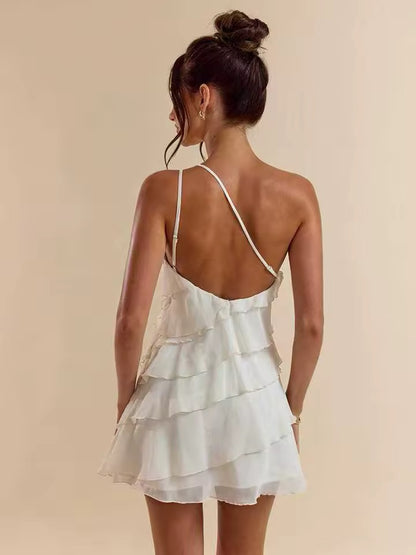 Cream One-Shoulder Tiered Mini Dress