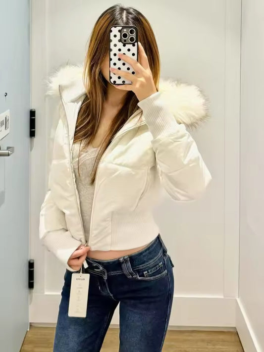 Faux-Fur Plush Hood Puffer Crop Jacket