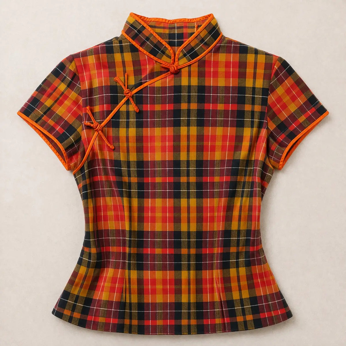 Firebrick Plaid Mandarin Collar Qipao Top