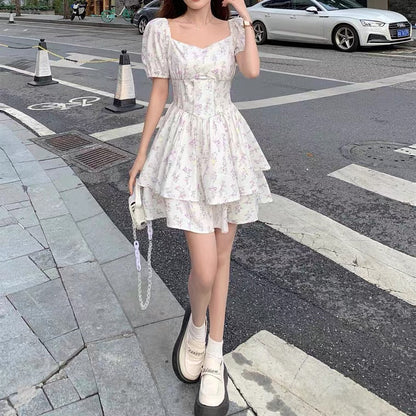 Floral Puff Sleeve Corset Tiered Mini Dress