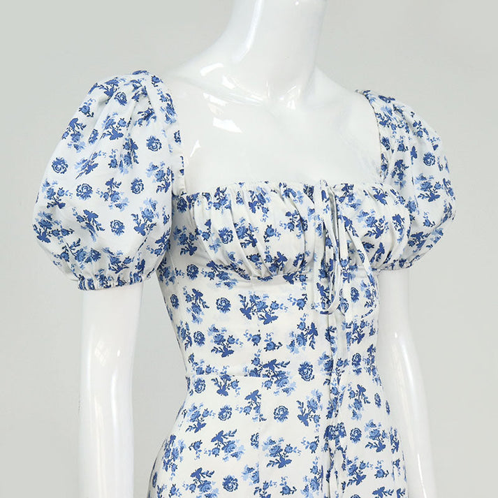 Floral Square Neck Puff Sleeve Slit Dress main image 0