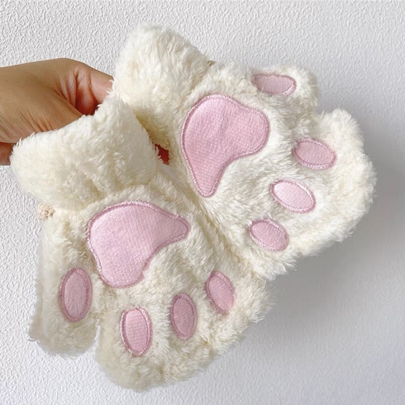 Fluffy Cat Paw Fingerless Gloves