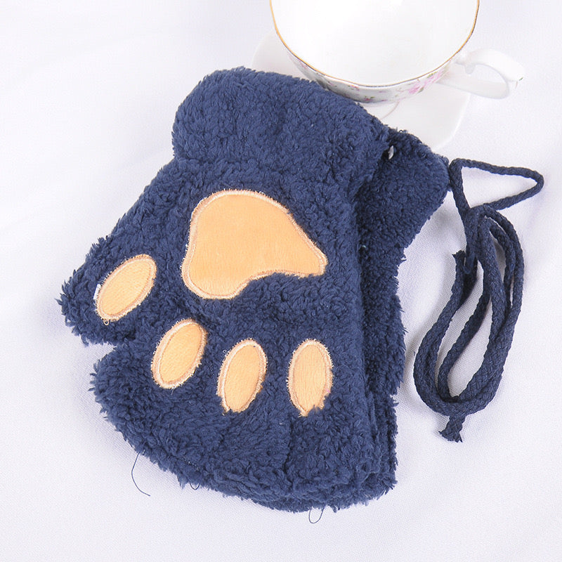 Fluffy Cat Paw Fingerless Gloves
