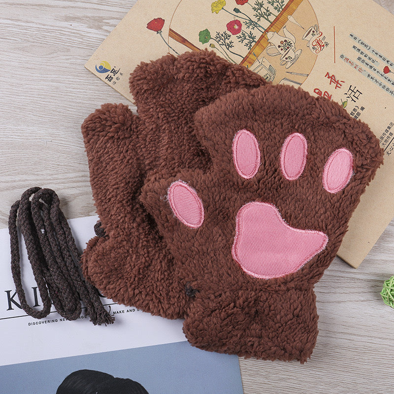 Fluffy Cat Paw Fingerless Gloves