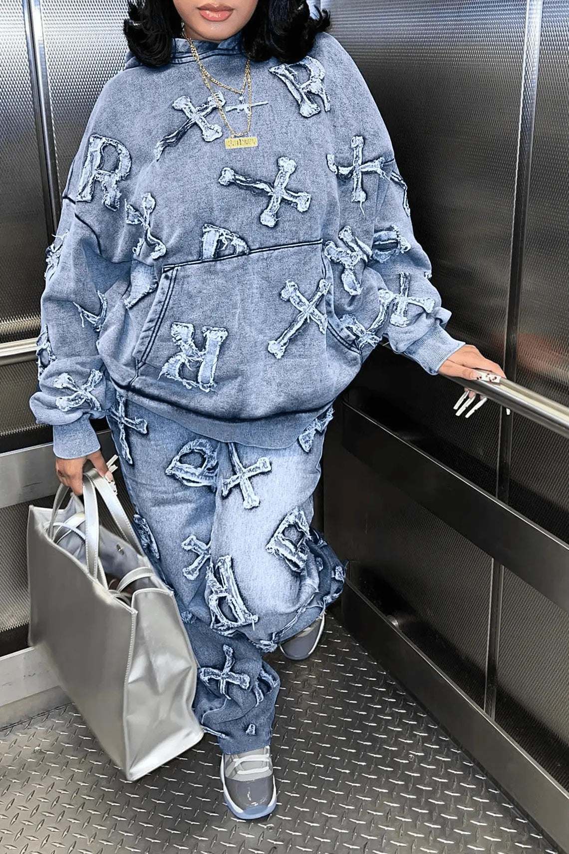 Frayed Cross & Letter Patch Hoodie