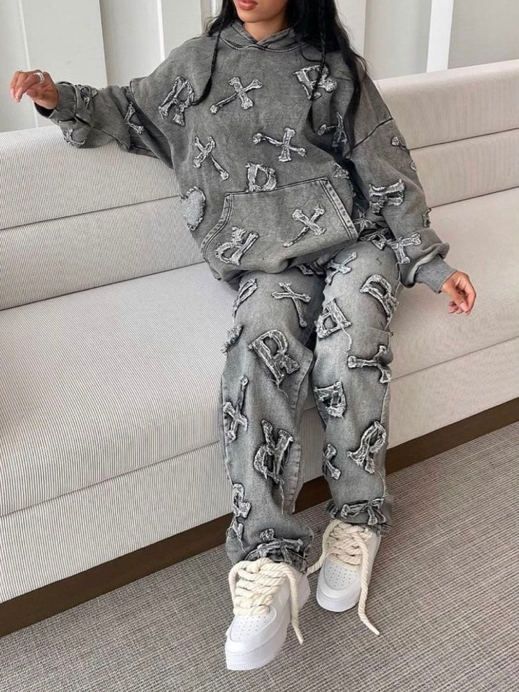 Frayed Cross & Letter Patch Hoodie