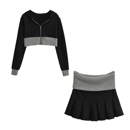 GossipGirl Contrast Crop Hooded Top & Skirt Set