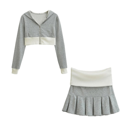 GossipGirl Contrast Crop Hooded Top & Skirt Set