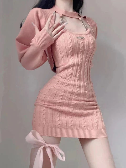 Halterneck Chain Cardigan Sweater Dress