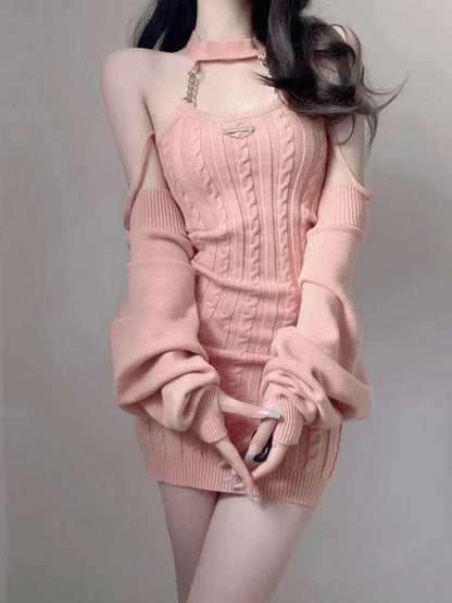 Halterneck Chain Cardigan Sweater Dress