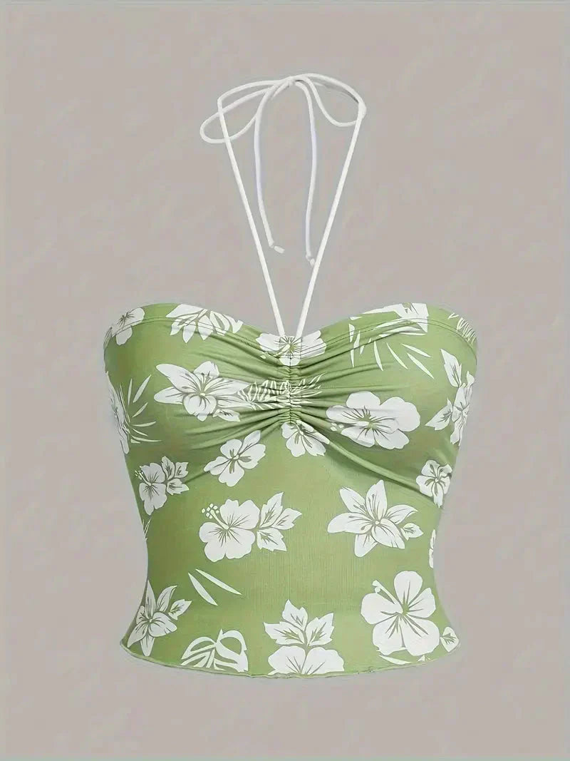 Hibiscus Floral Ruched Bust Halter Crop Top