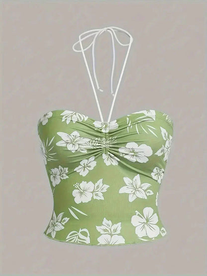 Hibiscus Floral Ruched Bust Halter Crop Top