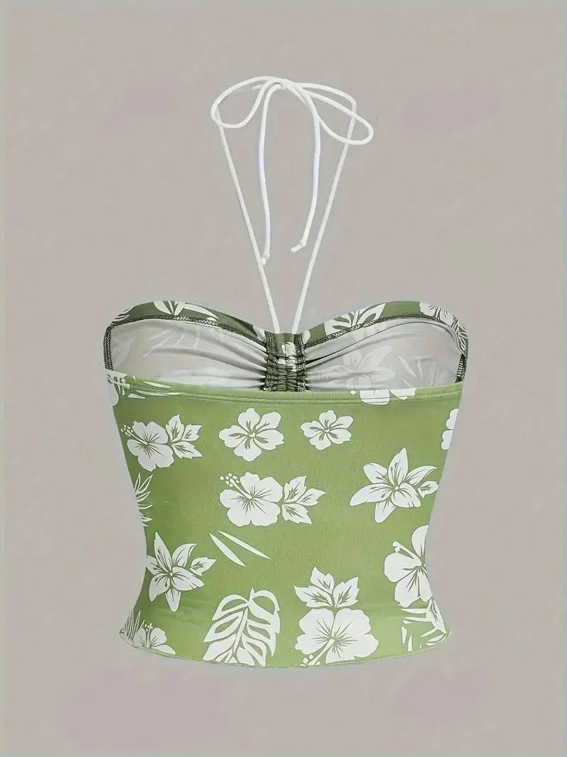 Hibiscus Floral Ruched Bust Halter Crop Top