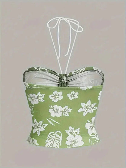 Hibiscus Floral Ruched Bust Halter Crop Top