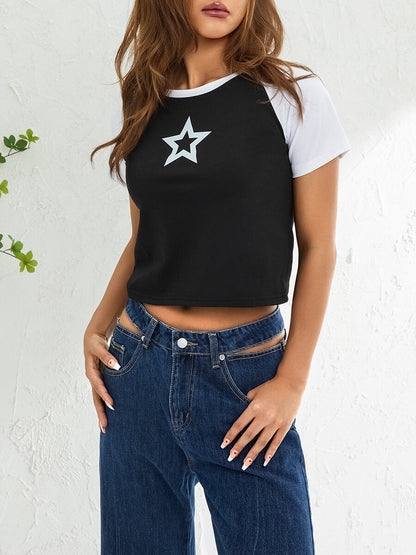 Hollow Star Print Crop T-Shirt
