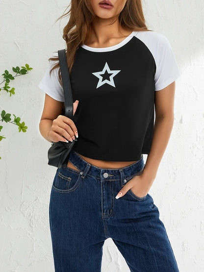 Hollow Star Print Crop T-Shirt
