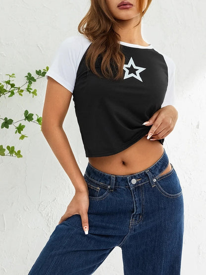 Hollow Star Print Crop T-Shirt