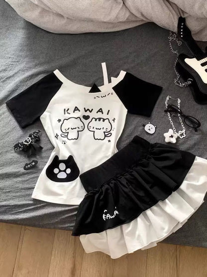 “Kawai” Twin Cats Skirt Set