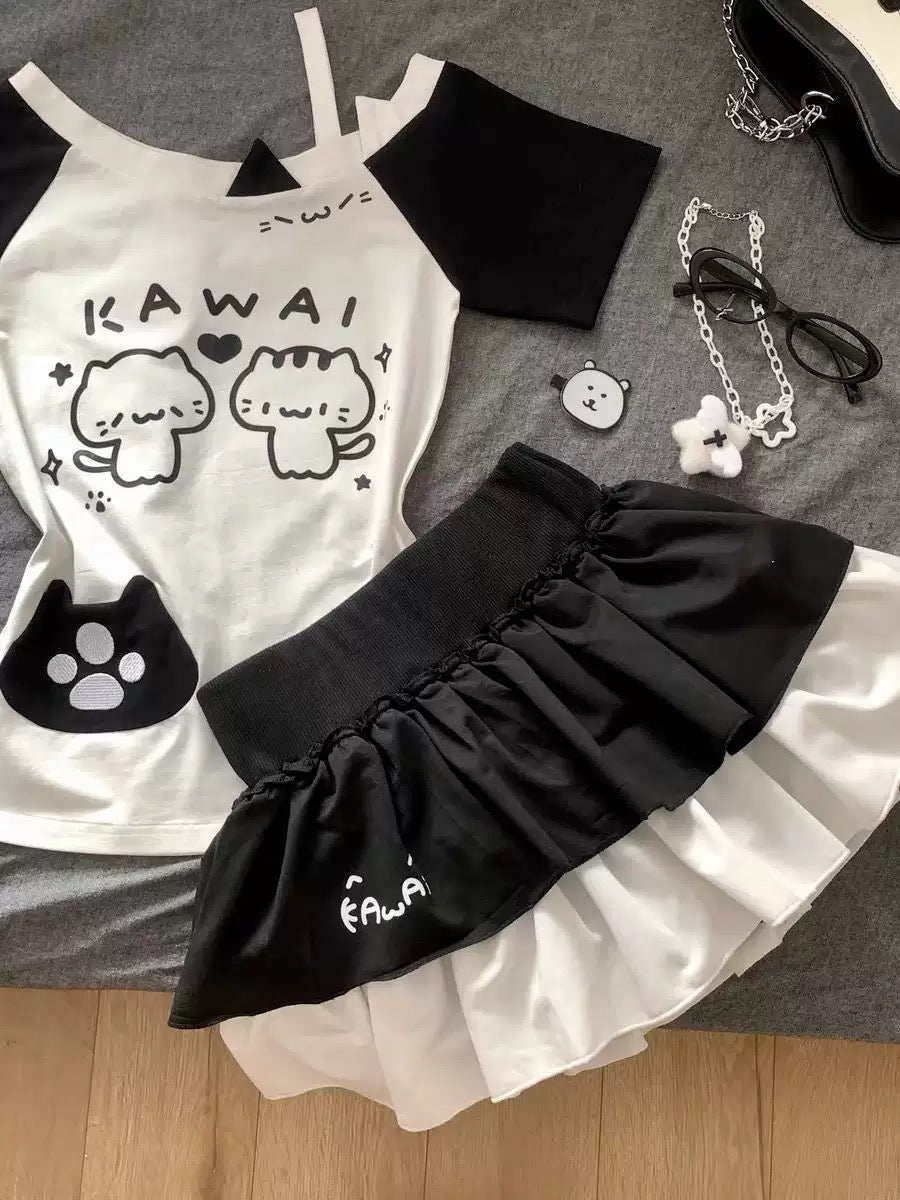 “Kawai” Twin Cats Skirt Set