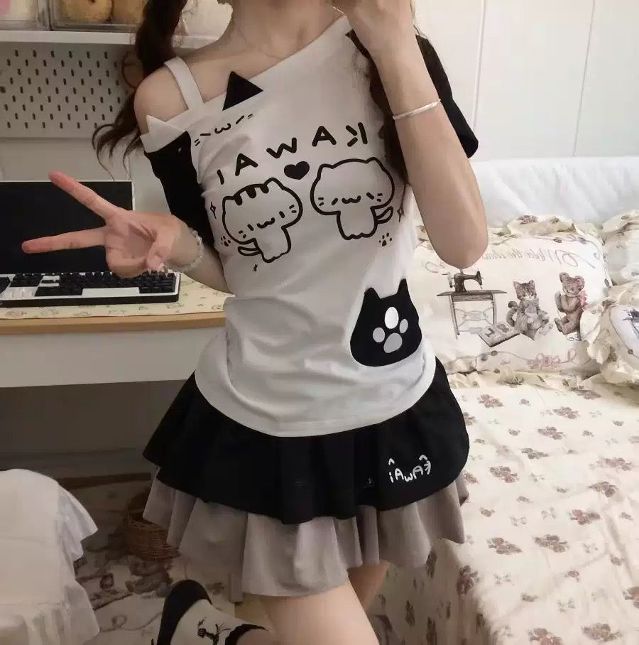 “Kawai” Twin Cats Skirt Set