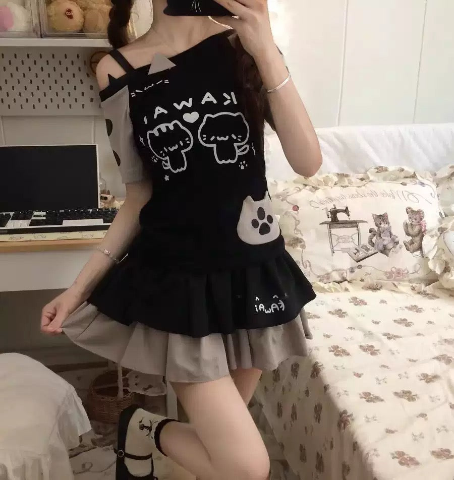 “Kawai” Twin Cats Skirt Set