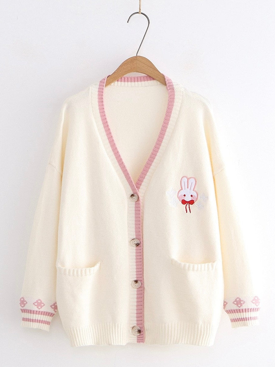 Kawaii Bunny Embroidery Button Down Knit Cardigan