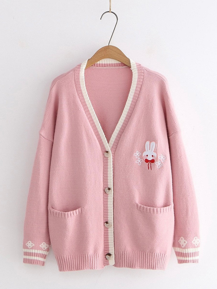 Kawaii Bunny Embroidery Button Down Knit Cardigan