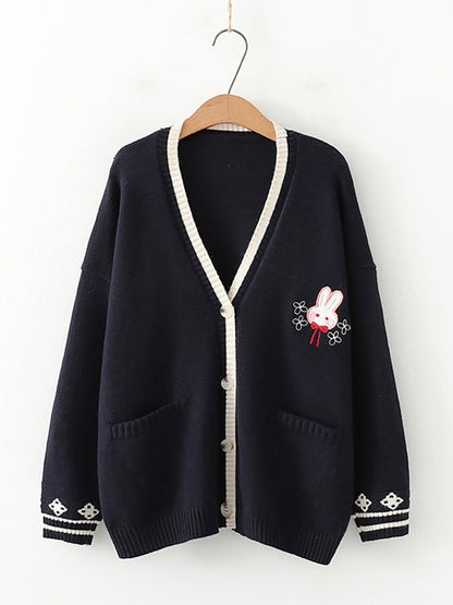 Kawaii Bunny Embroidery Button Down Knit Cardigan