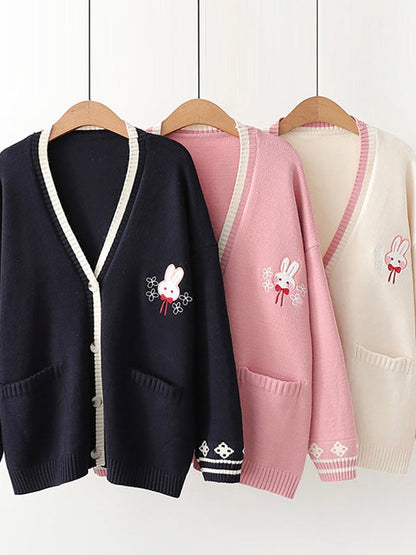 Kawaii Bunny Embroidery Button Down Knit Cardigan