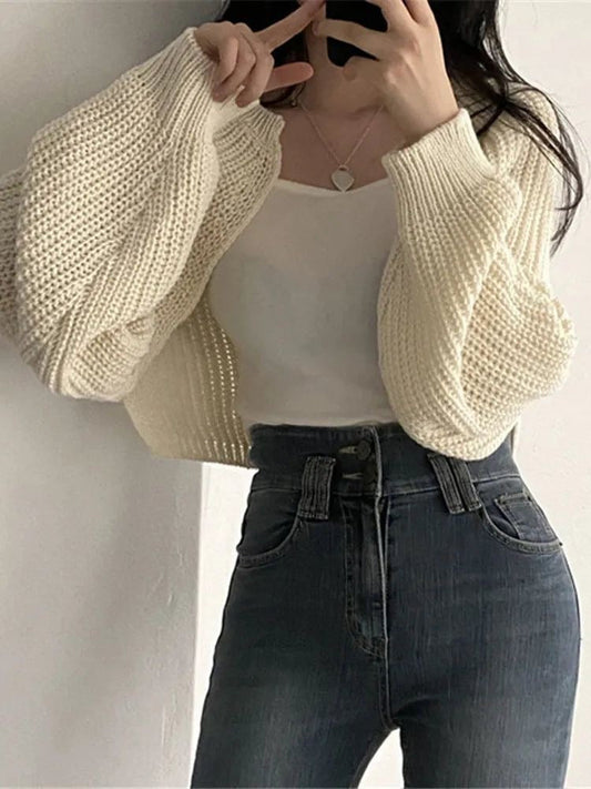 Plain Open Front Crop Knit Cardigan