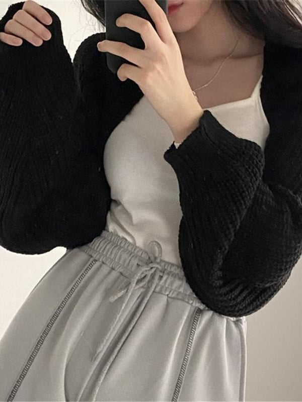 Plain Open Front Crop Knit Cardigan