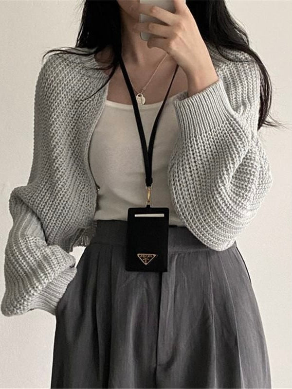 Plain Open Front Crop Knit Cardigan