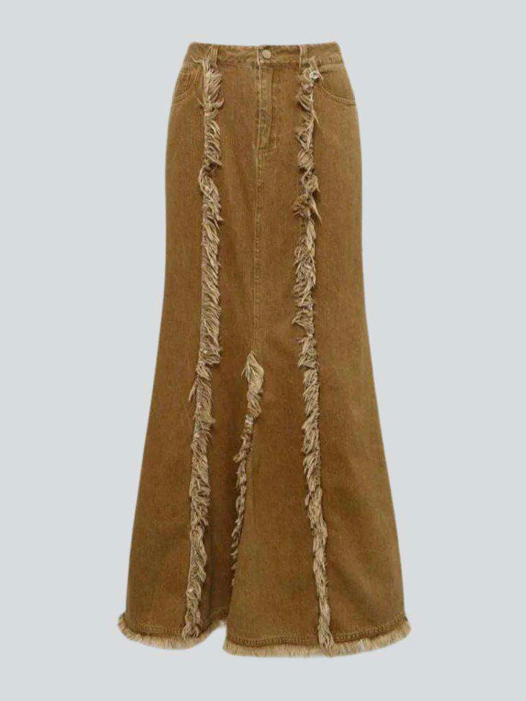 Rustic Fringed Denim Maxi Mermaid Skirt