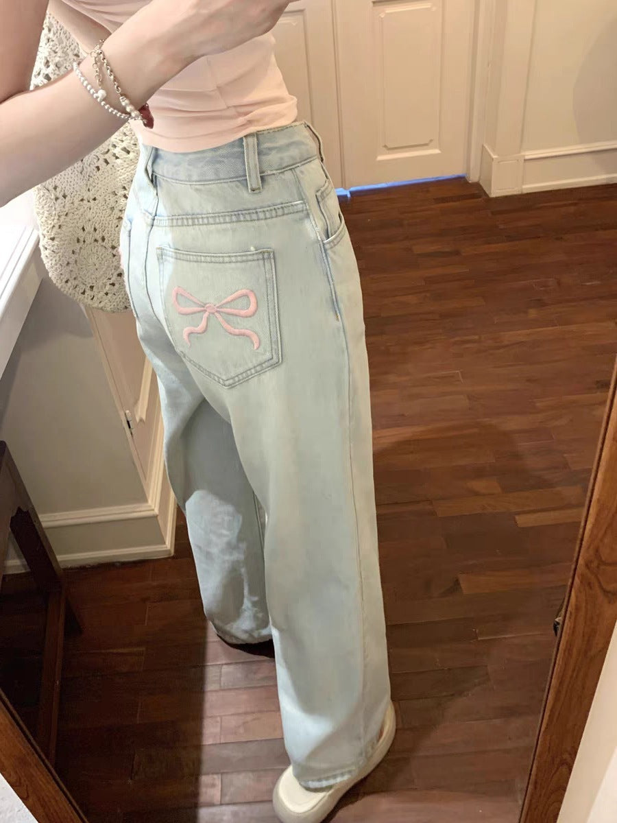 Back Pocket Bow Embroidery Wide Leg Jeans