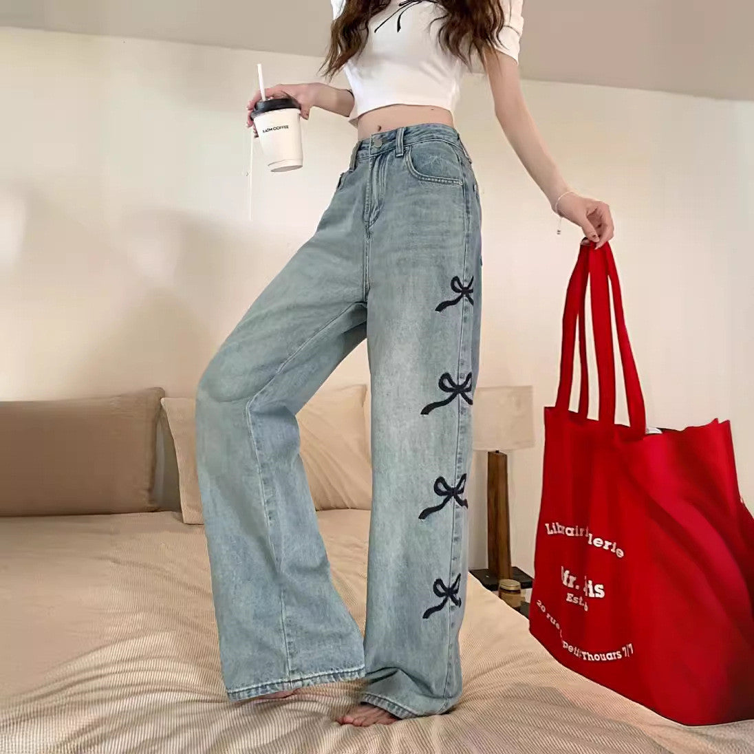 Side Bows Denim Wide Leg Jeans