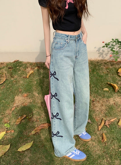 Side Bows Denim Wide Leg Jeans