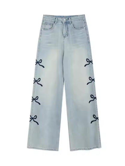 Side Bows Denim Wide Leg Jeans