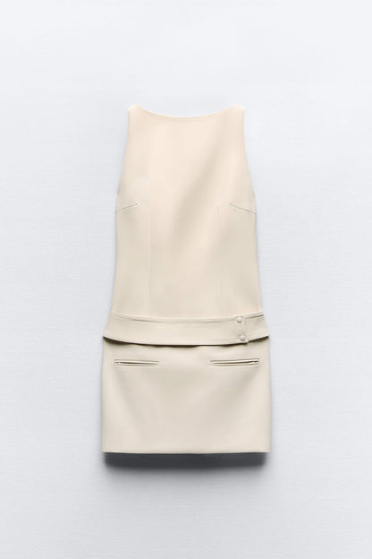 Ivory Belted Button Mini Dress