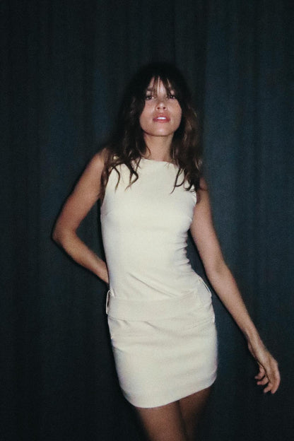 Ivory Belted Button Mini Dress