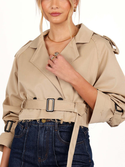 Beige Double Breasted Crop Trench Jacket