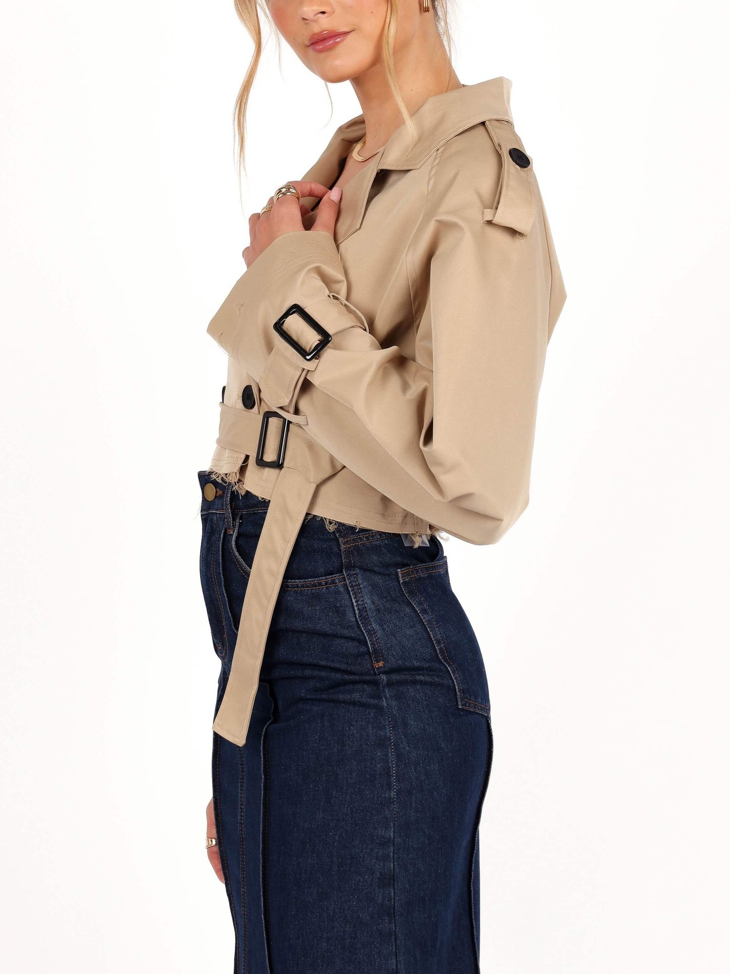 Beige Double Breasted Crop Trench Jacket